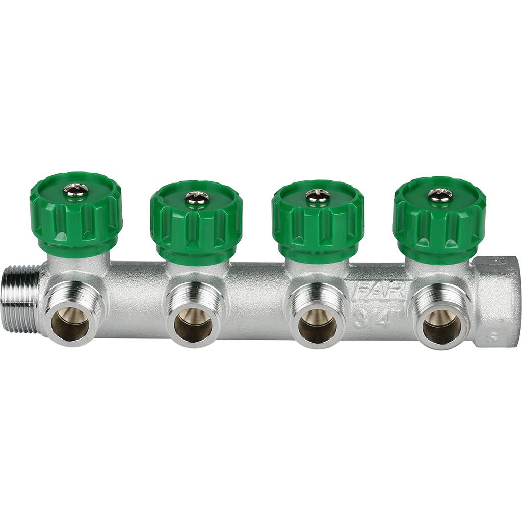 Коллектор распределительный FAR 3/4 , проходной, хромированный, 4 отвода 1/2  плоское уплотнение