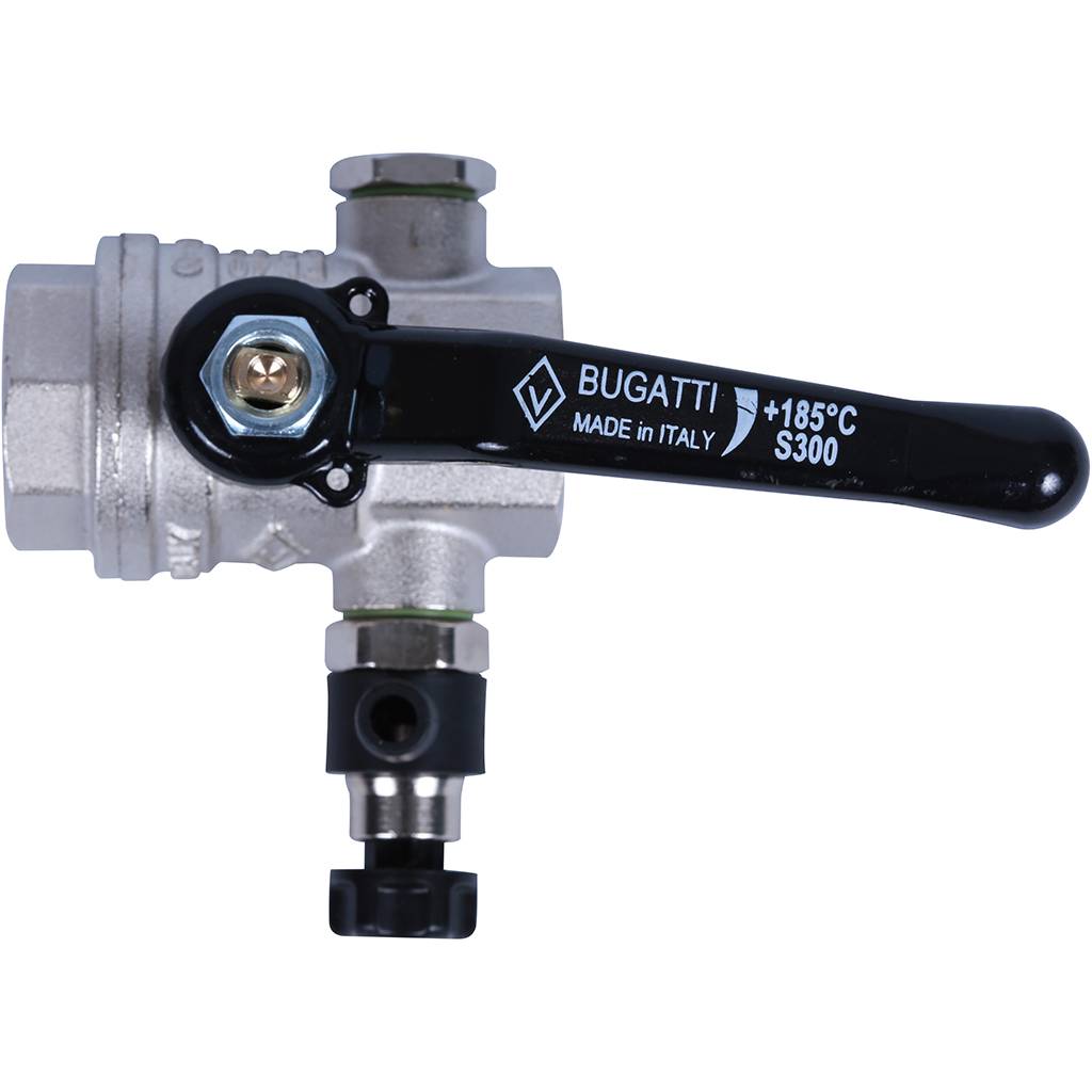 Кран шаровой BUGATTI Oregon с дренажем и воздухоотводчиком, (ручка-рычаг алюминий) внут-внут резьба 3/4