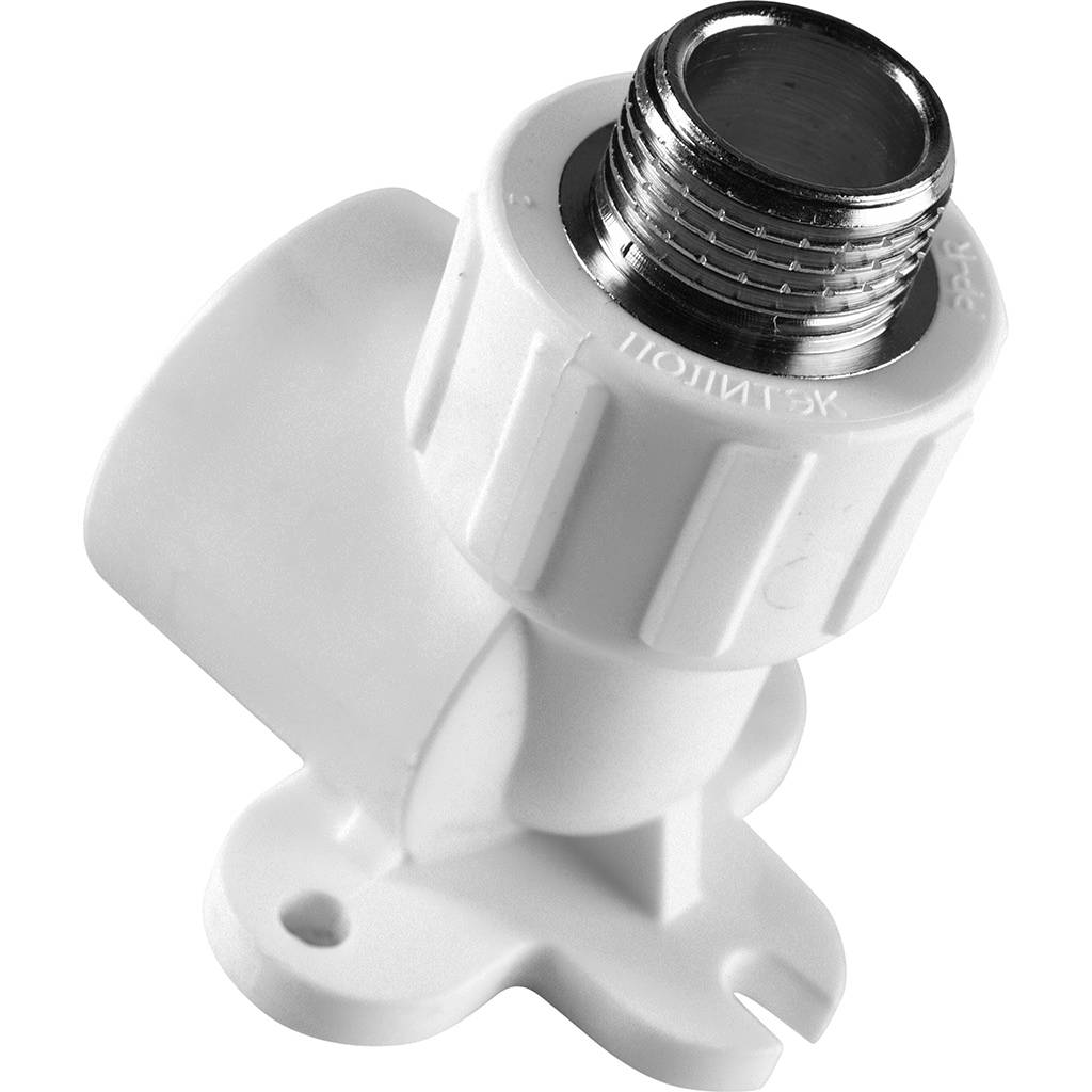 Угольник Политэк 25х1/2 с наружной резьбой с креплением для полипропиленовых труб под сварку (цвет белый)