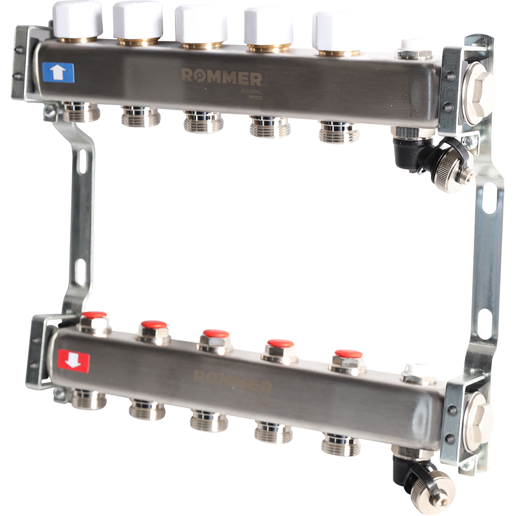 Коллектор из нержавеющей стали без расходомеров ROMMER, с клапаном вып. воздуха и сливом 5 выходов