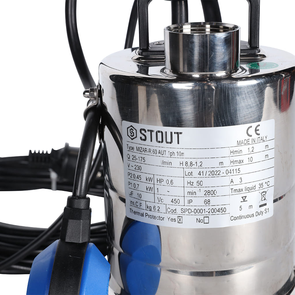 Насос дренажный STOUT с поплавком, кабель 10 м, 230V, Q=175 л/мин, H=10 м, SPD-0001-200450