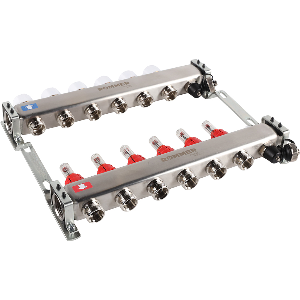 Коллектор из нержавеющей стали с расходомерами ROMMER, с клапаном вып. воздуха и сливом 6 выходов, RMS-1201-000006