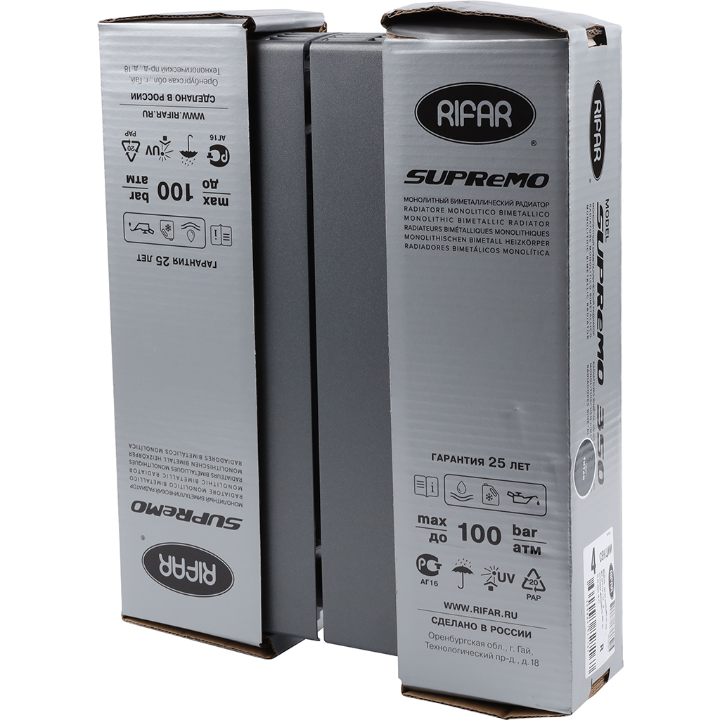 Радиатор биметаллический RIFAR SUPReMO VENTIL 350 SVR 4 секций нижнее правое подключение (Цвет ТИТАН), 4RS35.VR-4-TI