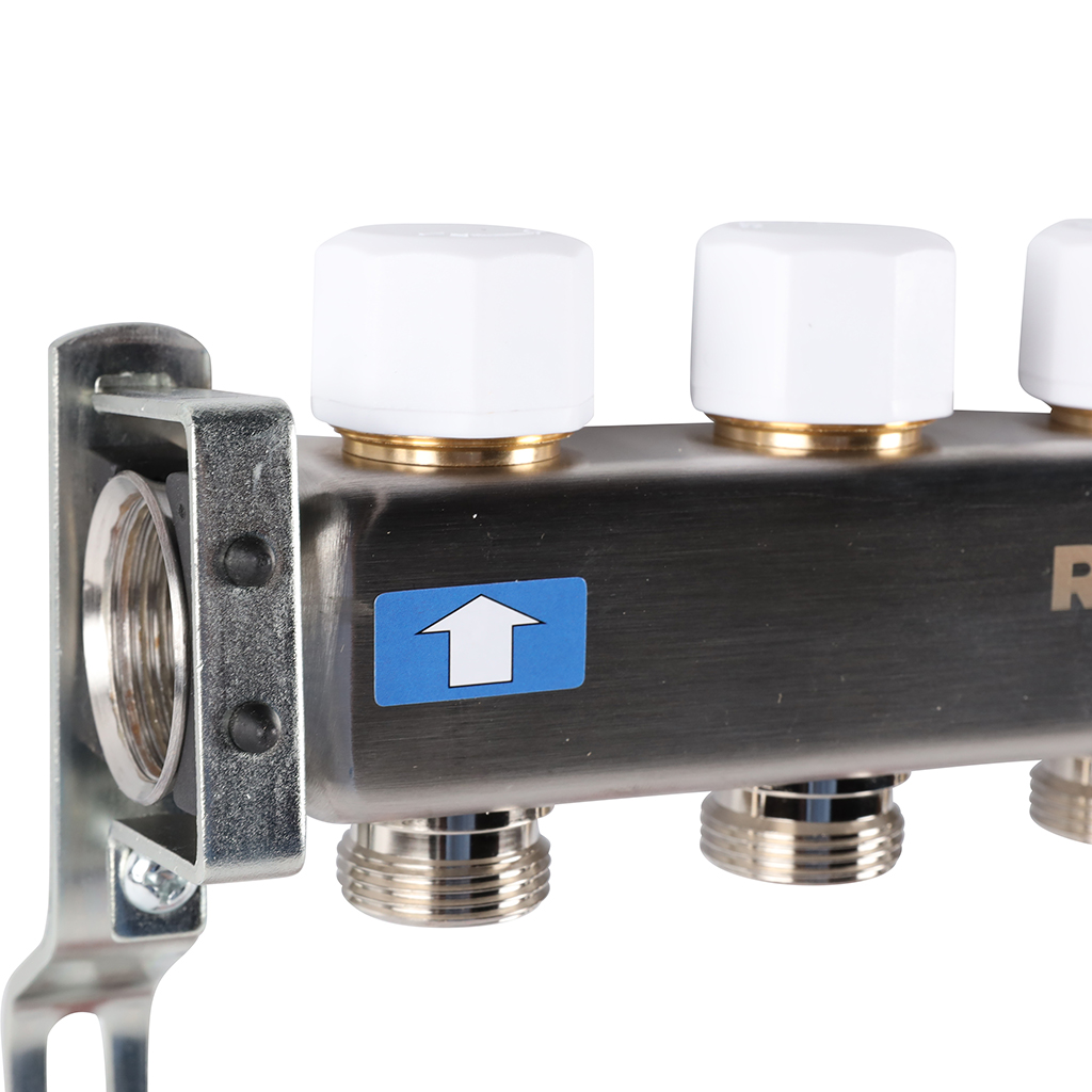 Коллектор из нержавеющей стали с расходомерами ROMMER, с клапаном вып. воздуха и сливом 4 выхода