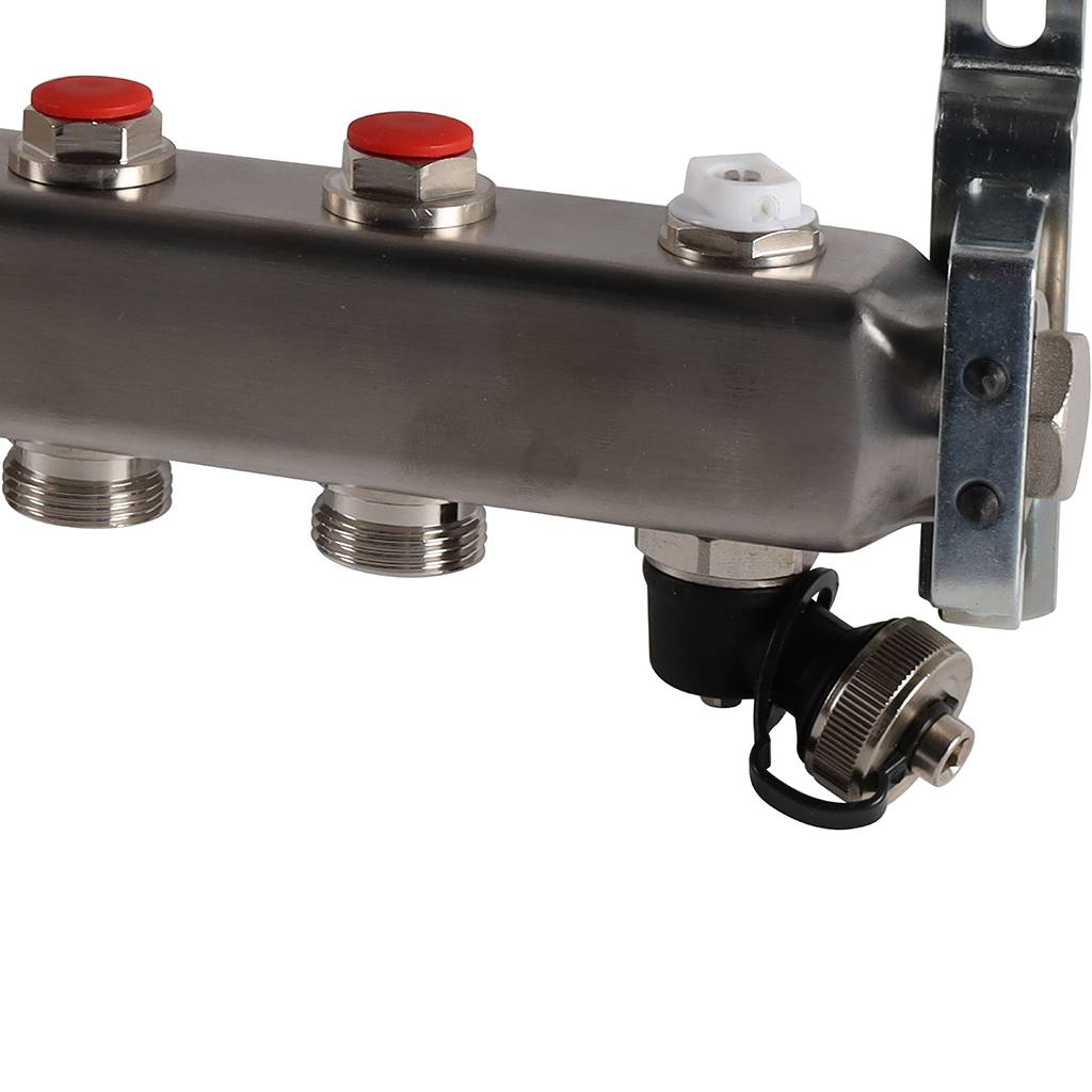 Коллектор из нержавеющей стали без расходомеров ROMMER, с клапаном вып. воздуха и сливом 9 выходов, RMS-3201-000009