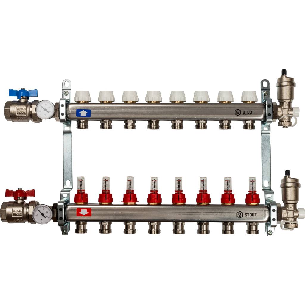 Коллектор из нержавеющей стали в сборе с расходомерами STOUT 8 выходов
