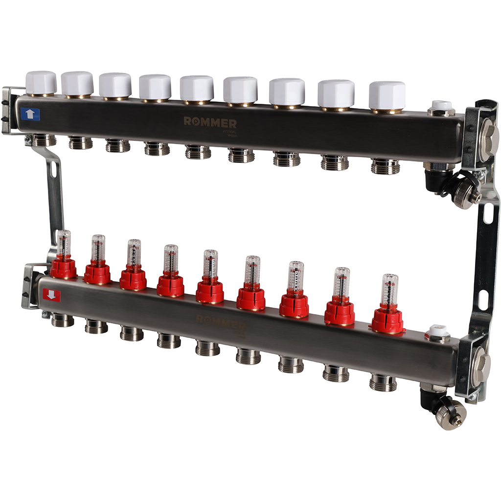 Коллектор из нержавеющей стали с расходомерами ROMMER, с клапаном вып. воздуха и сливом 9 выходов, RMS-1201-000009