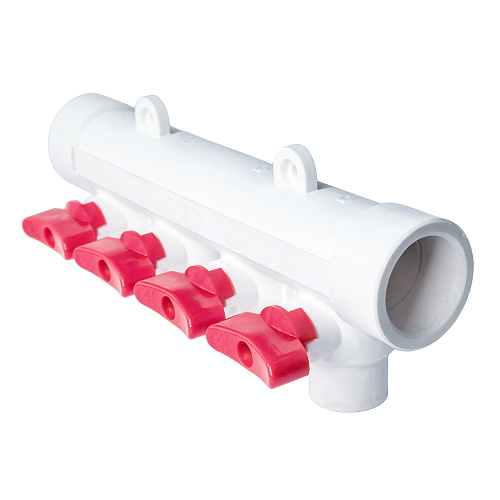 Коллектор с шаровым краном красный PPR 32х20/4,  белый, RTP