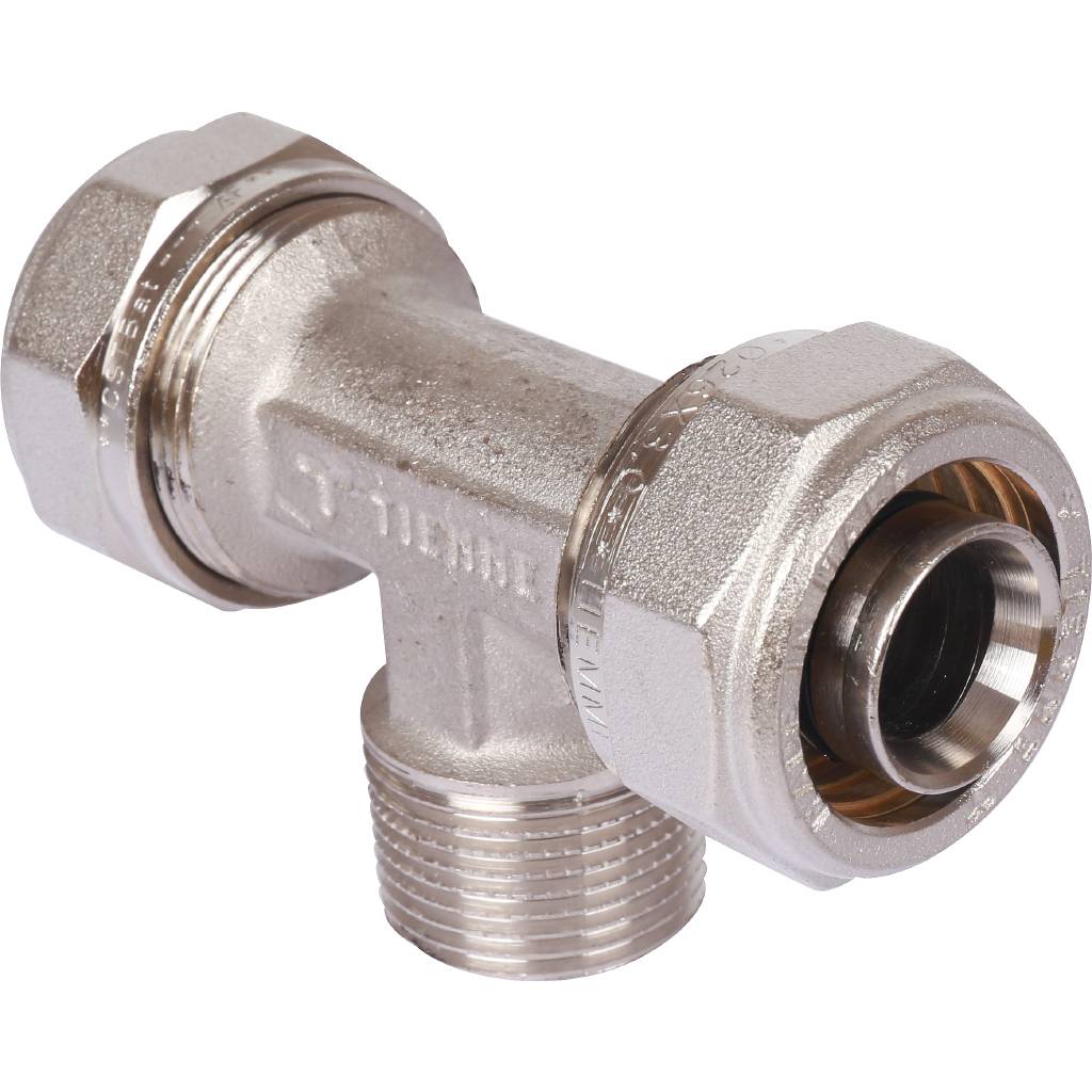 Тройник TIEMME с наружной резьбой (26х3.0х3/4) для металлопластиковых труб винтовой, 1600070
