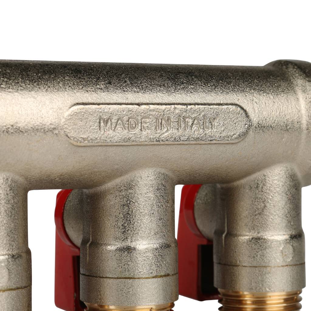 Коллектор с шаровыми кранами STOUT 3/4 , 3 отвода 1/2  (красные ручки)