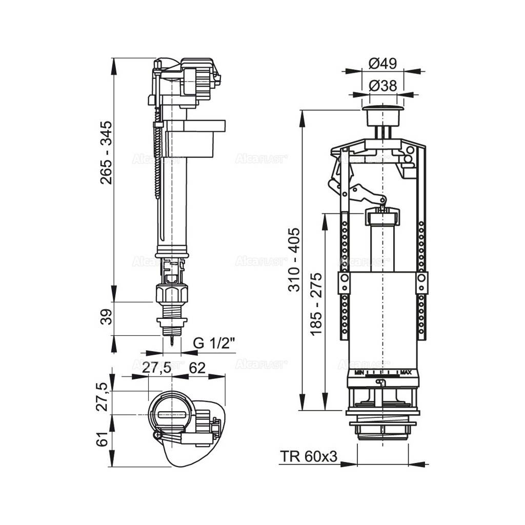Выпускной комплект AlcaPlast со стоп кнопкой, впускной механизм, SA2000S 1/2 CHROM