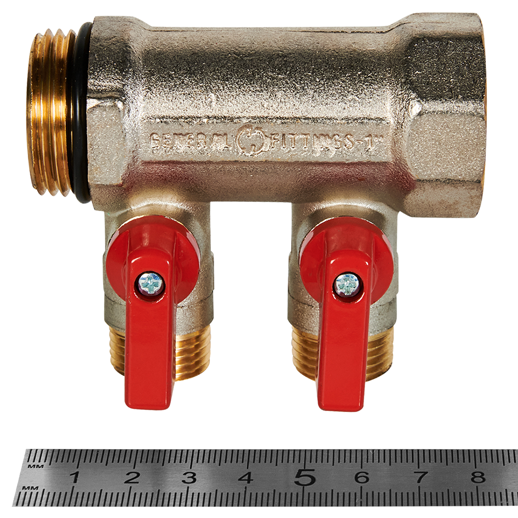 Коллектор с шаровыми кранами STOUT 1, 2 отвода 1/2  (красные ручки)