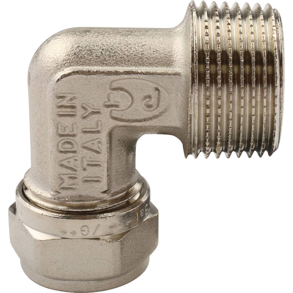 Угольник TIEMME с наружной резьбой (16х2.0х3/4) для металлопластиковых труб винтовой, 1600066