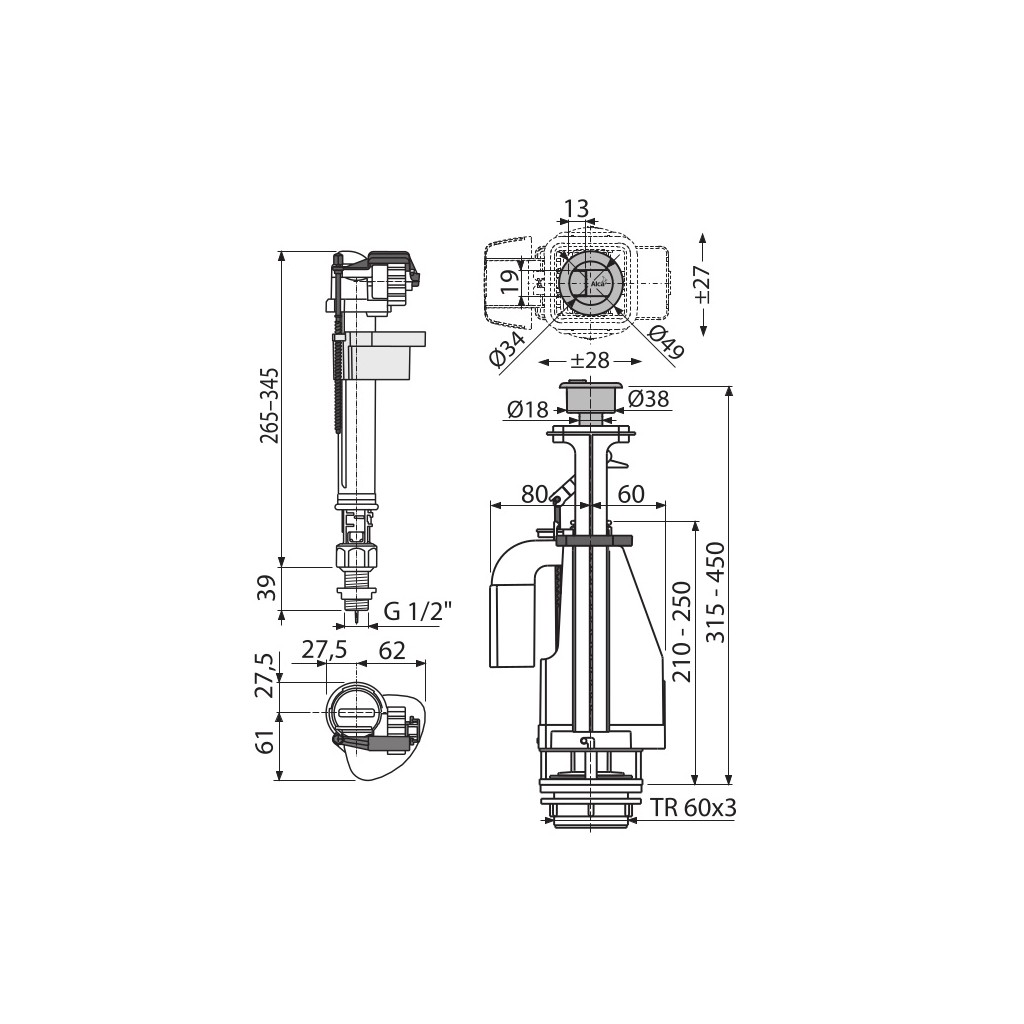 Выпускной комплект AlcaPlast с двойной кнопкой, впускной механизм, SA08SK 1/2 CHROM