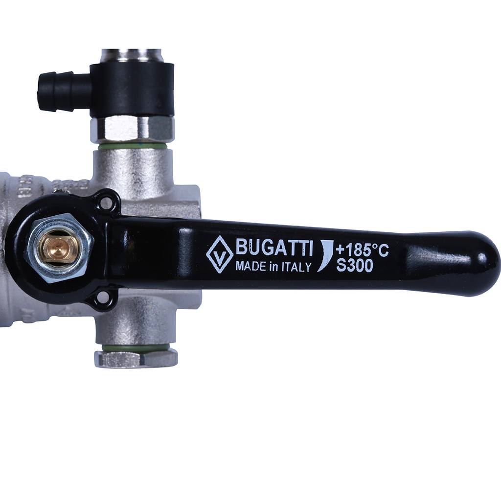 Кран шаровой BUGATTI Oregon с дренажем и воздухоотводчиком, (ручка-рычаг алюминий) внут-внут резьба 1/2