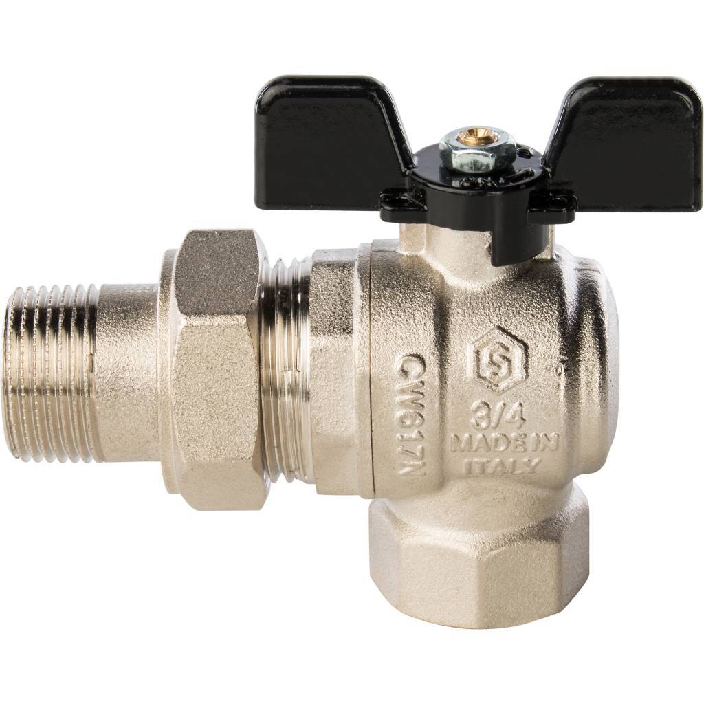 Кран шаровой полнопроходной STOUT угловой, ВР/НР, ручка бабочка 3/4, американка, SVB-0008-000020