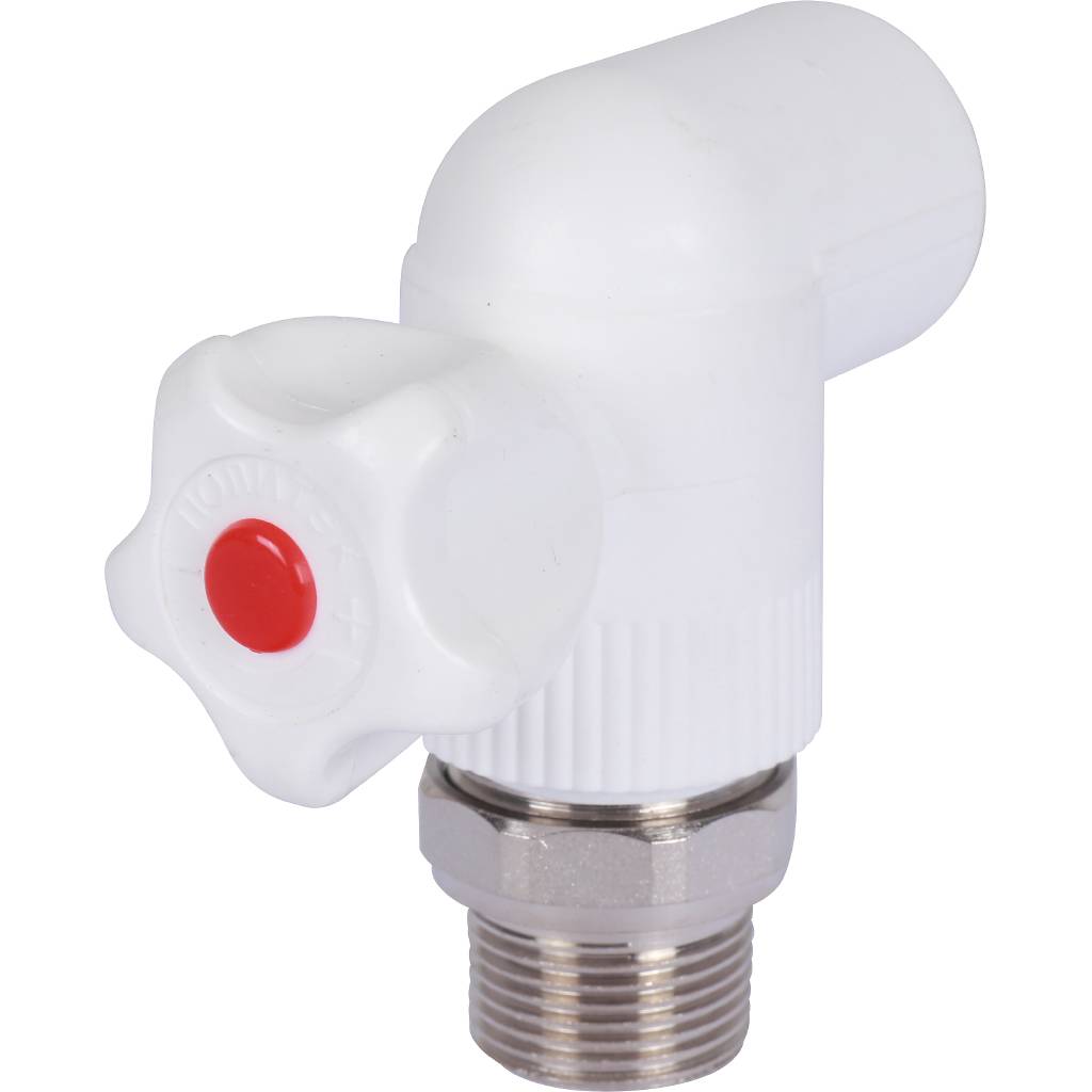 Кран шаровой Политэк 25х3/4 для радиатора угловой для полипропиленовых труб под сварку (цвет белый)