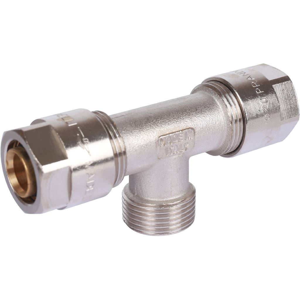 Тройник с наружной резьбой Prandelli Multyrama (20х2.0х3/4) для металлопластиковых труб винтовой, 103.07.62.0