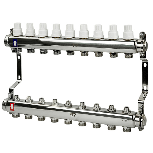 Коллекторная группа с ручными регулирующими клапанами и кронштейном (евроконус 3/4) нержавеющая сталь SUS 304 1х9 выходов, RTP