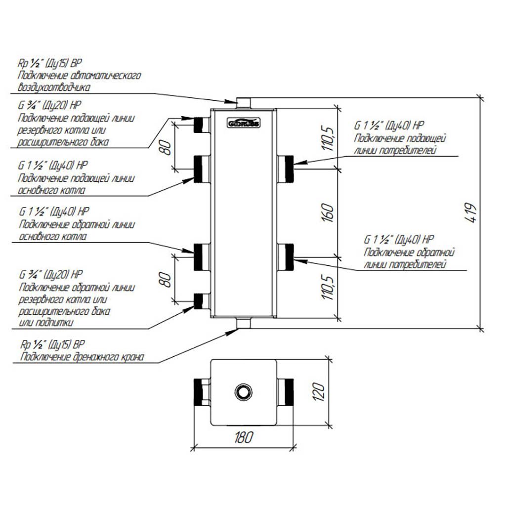 Гидравлический разделитель GIDRUSS GRSS-150-40 (нерж., до 150 кВт, G 1, сечение корпуса 120х120 мм), 12 00150 04