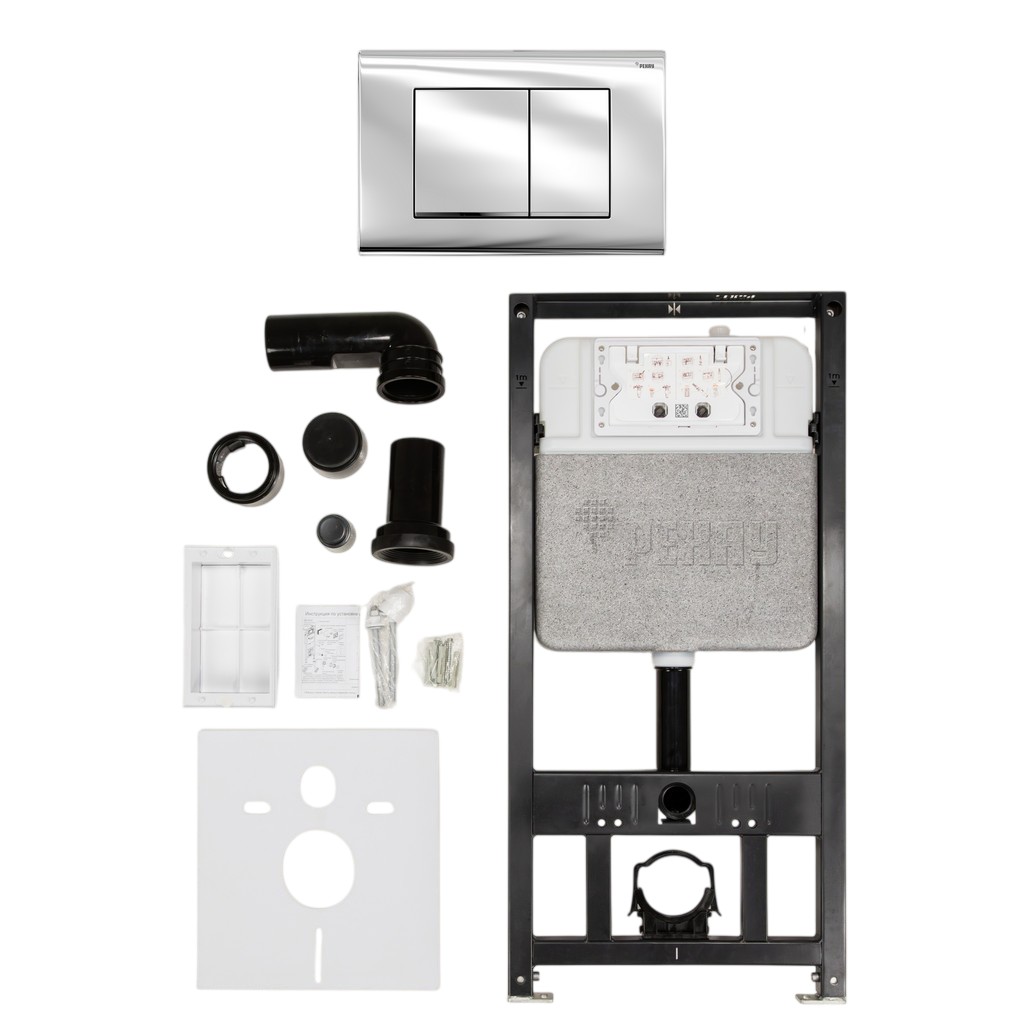 Комплект инсталляции РЕХАУ NOVAFLOW с панелью смыва NOVA QUAD 001 с прямоугольными клавишами, пластик, хром, глянцевый, 19101031001