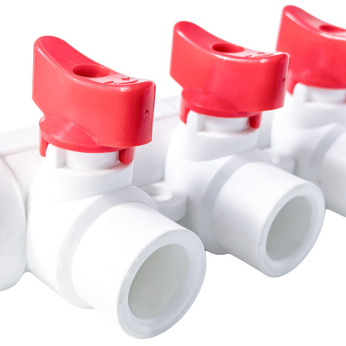 Коллектор с шаровым краном красный PPR 32х20/3,  белый, RTP