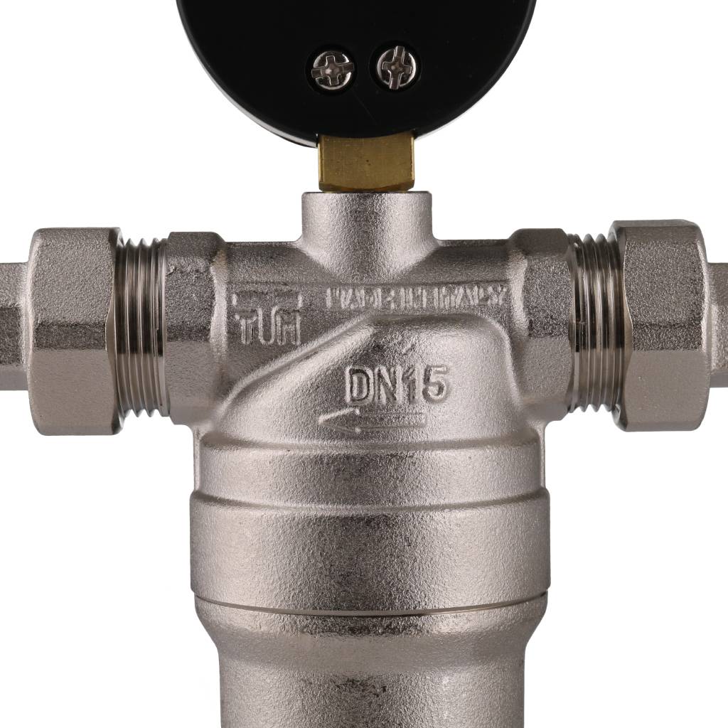 Фильтр с манометром TIEMME 1/2 со сгонами, с латунной колбой, промывной, 3130001