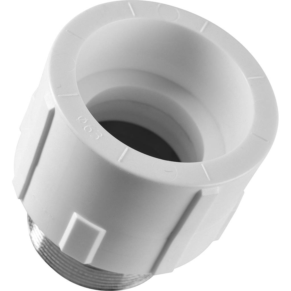 Муфта комбинированная Политэк 63x2 под шестигранник наруж. резьба для полипропиленовых труб под сварку (цвет белый)