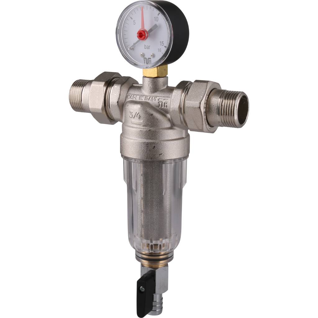 Фильтр с манометром TIEMME 3/4 со сгонами, с прозрачной пластиковой колбой, промывной, 3130006