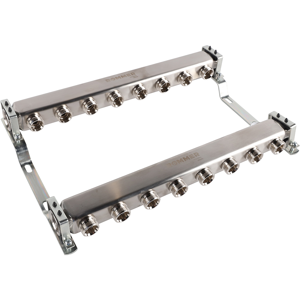 Коллектор из нержавеющей стали ROMMER для радиаторной разводки 8 выходов, RMS-4401-000008