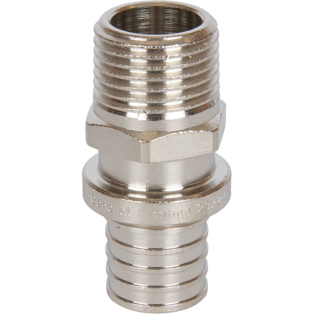 Переходник STOUT с наружной резьбой 20х2.0x1/2 никелированный для труб из сшитого полиэтилена аксиальный, SFA-0001-200212