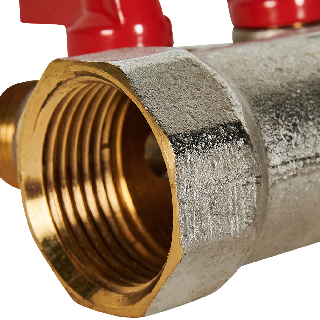 Коллектор с шаровыми кранами 1, 3 отвода 1/2  (красные ручки)