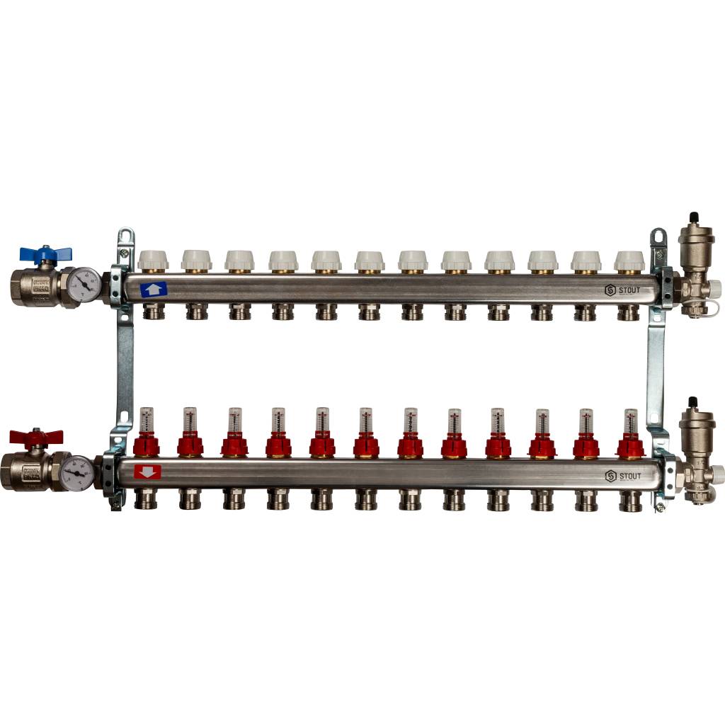 Коллектор из нержавеющей стали в сборе с расходомерами STOUT 12 выходов