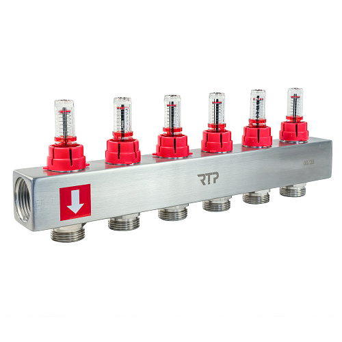 Коллекторная группа с расходомером и кронштейном (евроконус 3/4) нержавеющая сталь SUS 304 1х 6 выходов, RTP