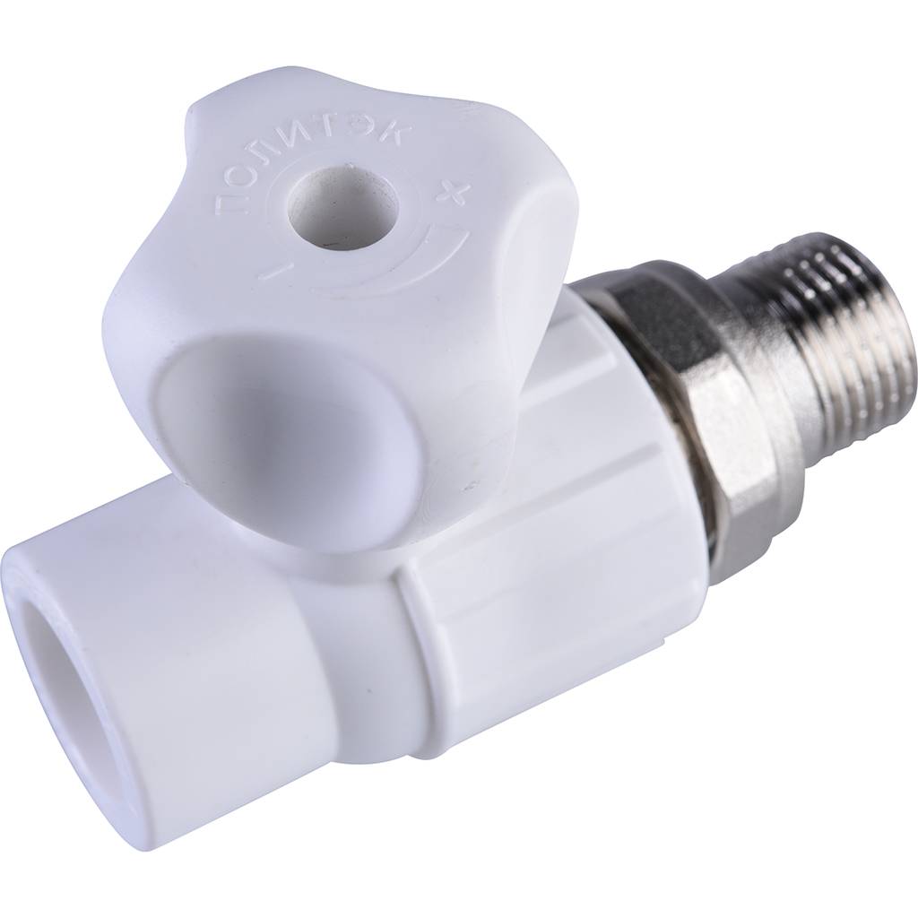 Кран шаровой для радиатора Политэк 20х1/2 прямой для полипропиленовых труб под сварку (цвет белый)