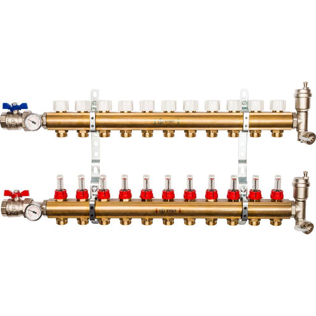 Распределительный коллектор из латуни с расходомерами STOUT 11 выходов, SMB 0473 000011