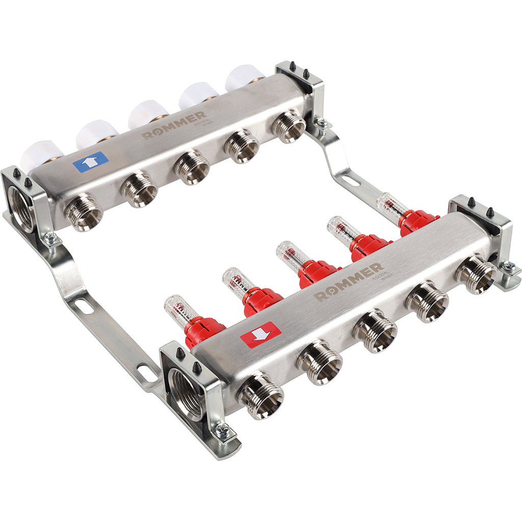 Коллектор из нержавеющей стали с расходомерами ROMMER 5 выходов, RMS-1200-000005