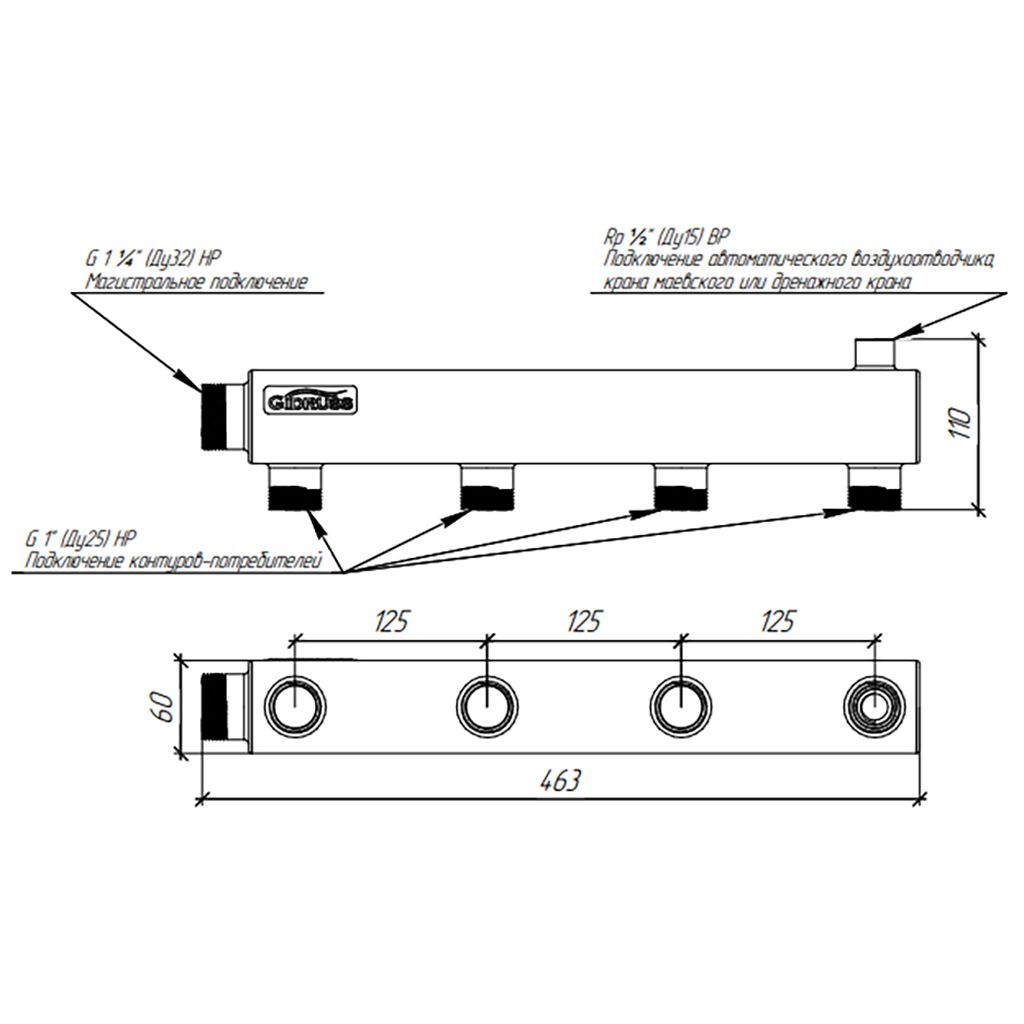 Распределительный коллектор GIDRUSS DMSS-32-25x4 (нерж., магистральное подкл. G 1, 4 контура G 1, воздухоотвод. Rp )