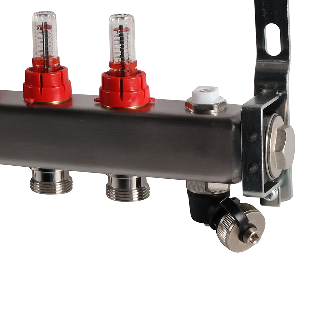 Коллектор из нержавеющей стали с расходомерами ROMMER, с клапаном вып. воздуха и сливом 9 выходов, RMS-1201-000009