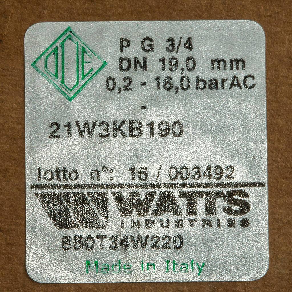 Соленоидный клапан Watts 850Т (850T34W220) для систем водоснабжения 3/4 230V Н.З., 10023642