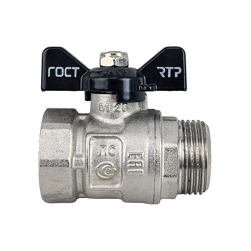 Кран шаровой ГОСТ ручка бабочка, латунь, внутренняя/наружная резьба  3/4,PN40 никель, RTP
