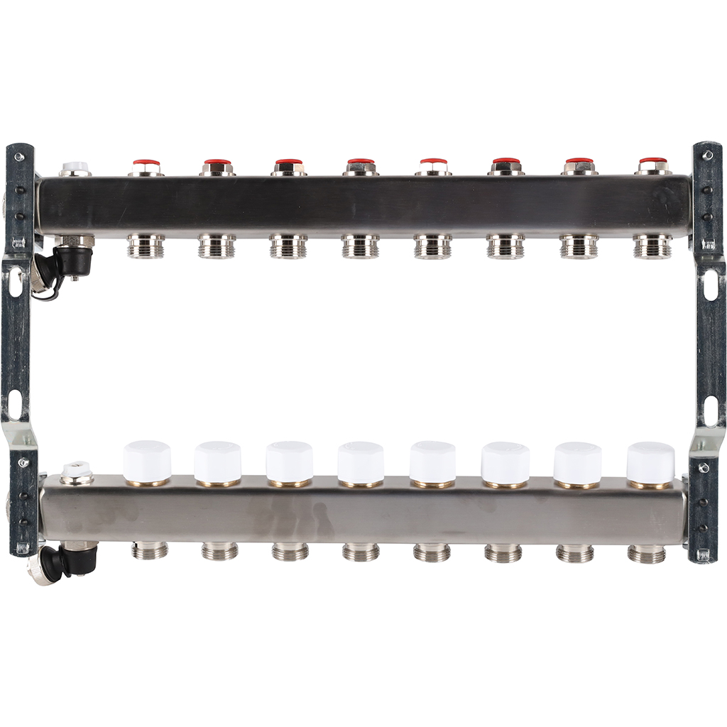 Коллектор из нержавеющей стали без расходомеров ROMMER, с клапаном вып. воздуха и сливом 8 выходов