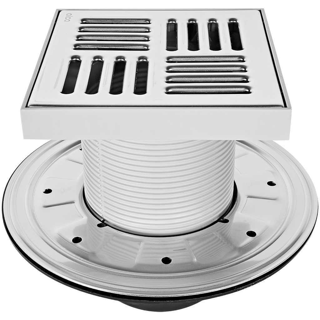 Сливной трап AlcaPlast 105x105/50/75 мм боковой сток, решетка из нержавеющей стали, фланец из нержавеющей стали, воротник изоляции 2–го уровня, гидрозатвор сухой и мокрый, APV3444