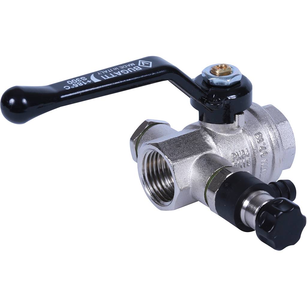 Кран шаровой BUGATTI Oregon с дренажем и воздухоотводчиком, (ручка-рычаг алюминий) внут-внут резьба 1/2