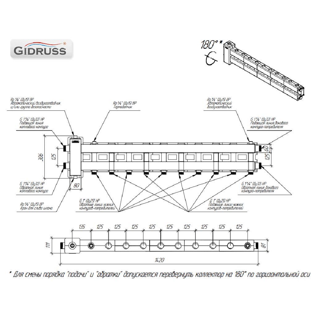 Балансировочный коллектор GIDRUSS BMSS-80-5DU.EPP (до 80 кВт, подкл. котла G 1, 2+2 контура G 1, боковой контур G 1, зеркально-матовая полировка, 4D-кронштейны K.UMS, EPP-термоизоляция)