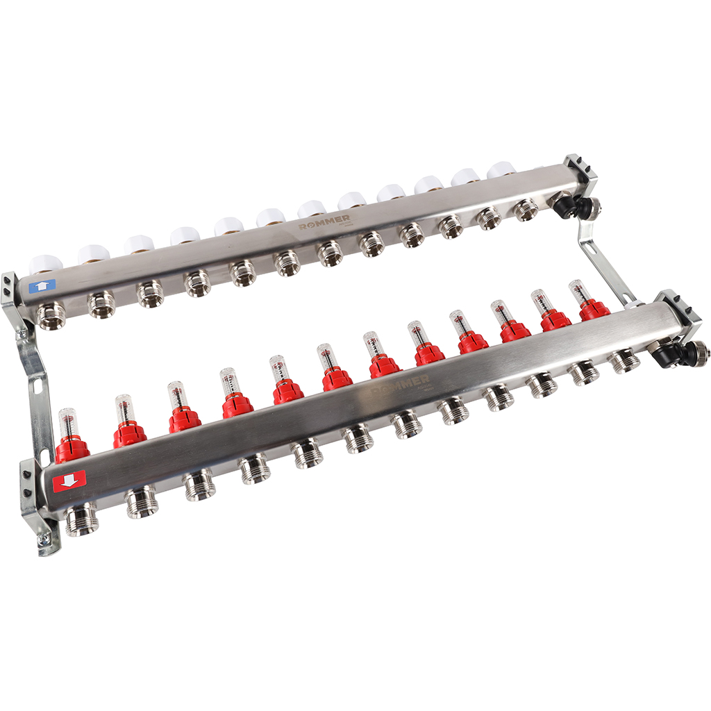 Коллектор из нержавеющей стали с расходомерами ROMMER, с клапаном вып. воздуха и сливом 12 выходов, RMS-1201-000012
