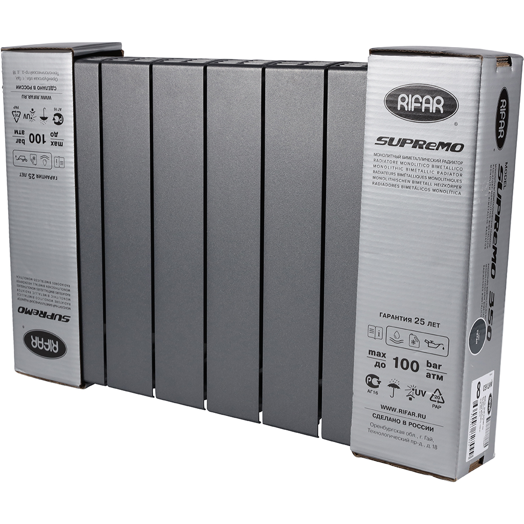 Радиатор биметаллический RIFAR SUPReMO 350 8 секций боковое подключение (Цвет ТИТАН), 4RS35-8-TI
