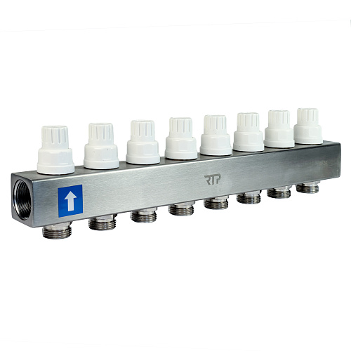 Коллекторная группа с расходомером и кронштейном (евроконус 3/4) нержавеющая сталь SUS 304 1х 8 выходов, RTP