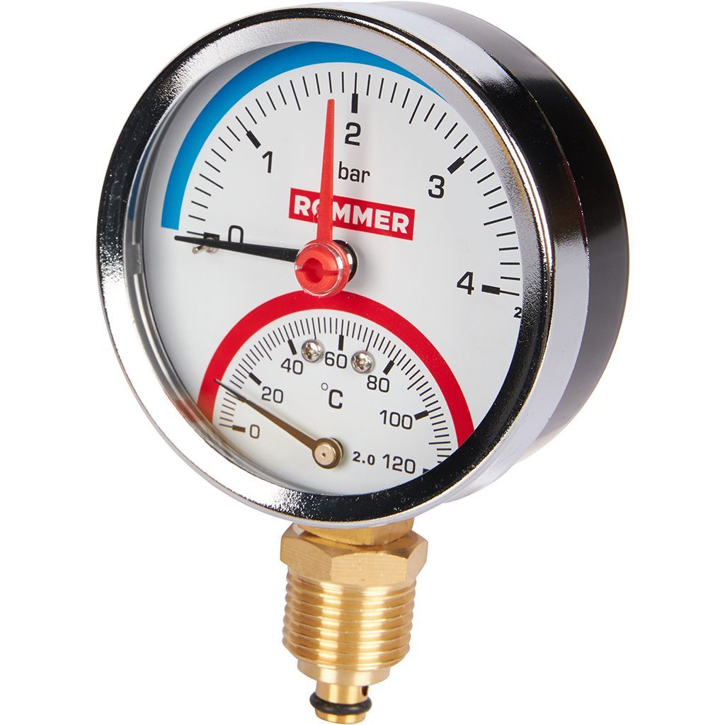 Термоманометр радиальный ROMMER 80 мм 120 градусов в комплекте с автоматическим запорным клапаном 1/2