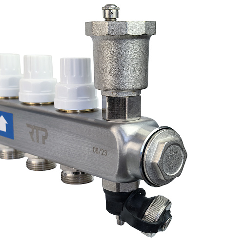 Коллекторная группа с регулирующими клапанами, расходомерами, воздухоотводчиками, обратными и дренажными клапанами, кронштейном (евроконус 3/4) нержавеющая сталь SUS 304 1х 3 выхода, RTP